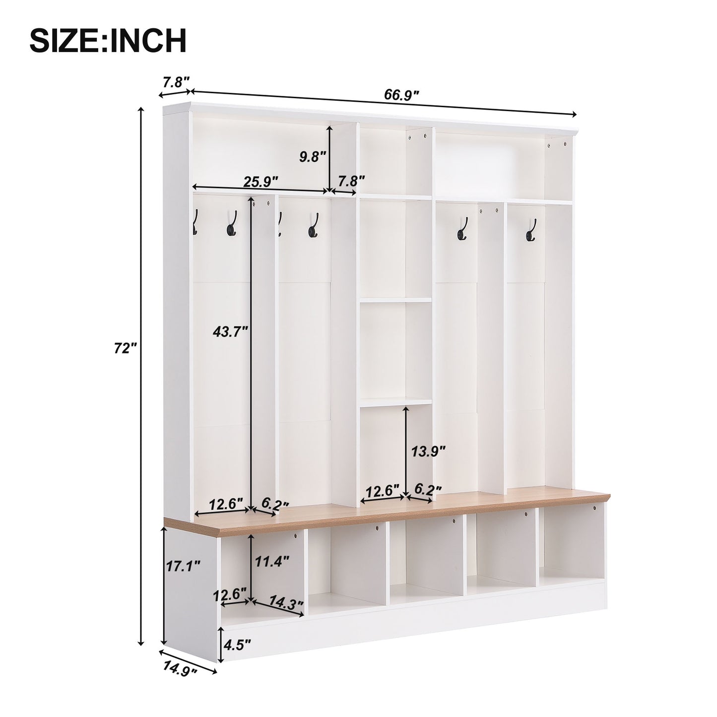 White hallway storage bench with cubbies and coat hooks