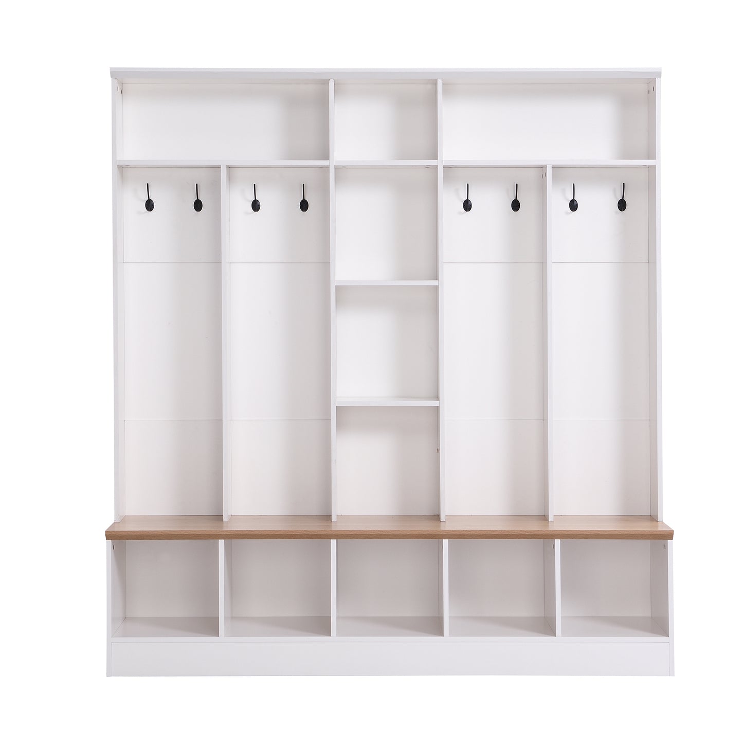 White entryway organizer with coat hooks and cubbies