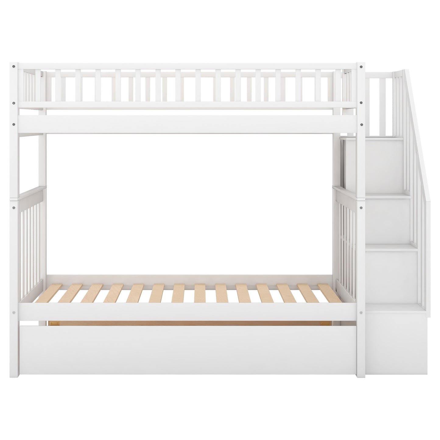 White wooden bunk bed with integrated stairs and slatted bottom bunk