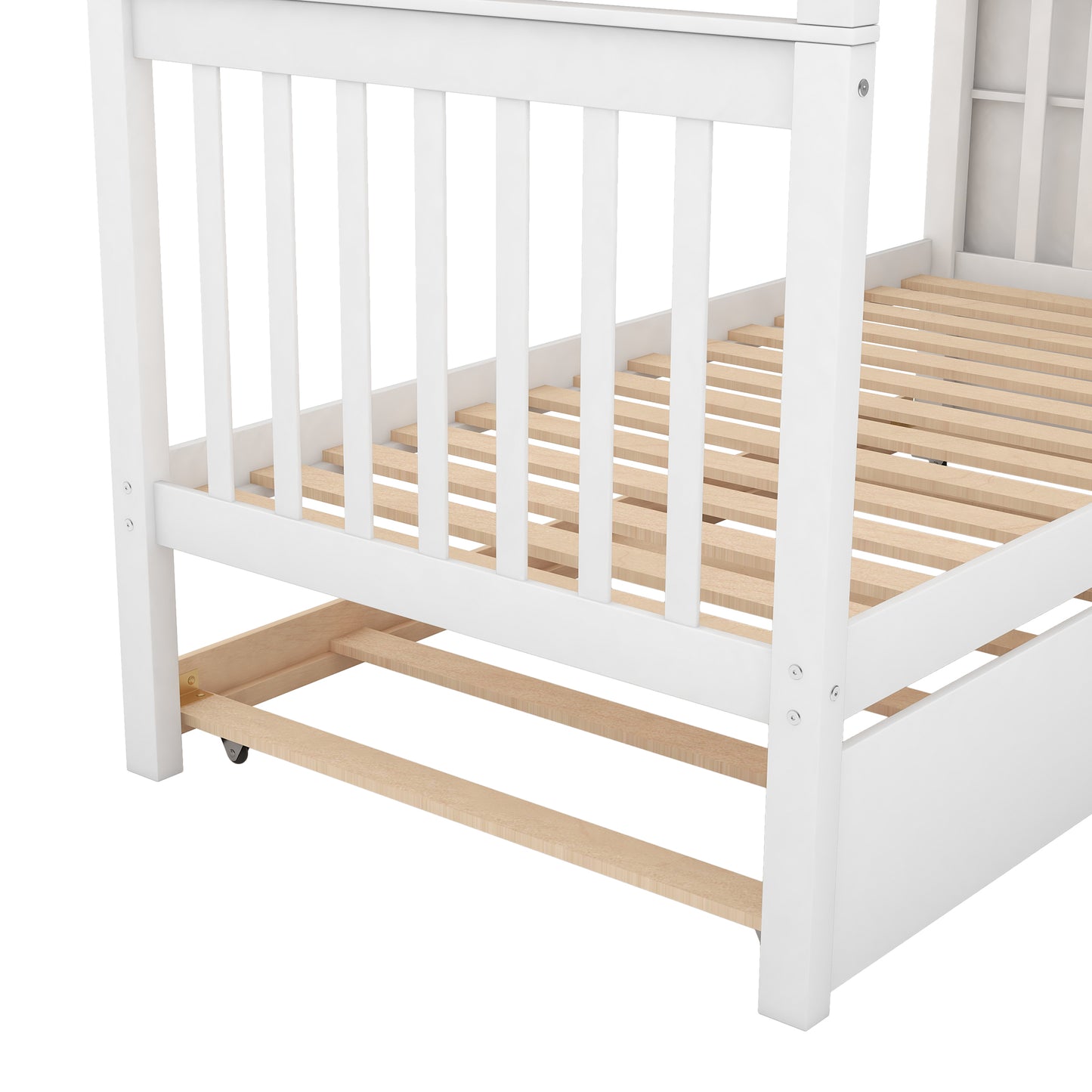 White wooden toddler bed frame with slatted base