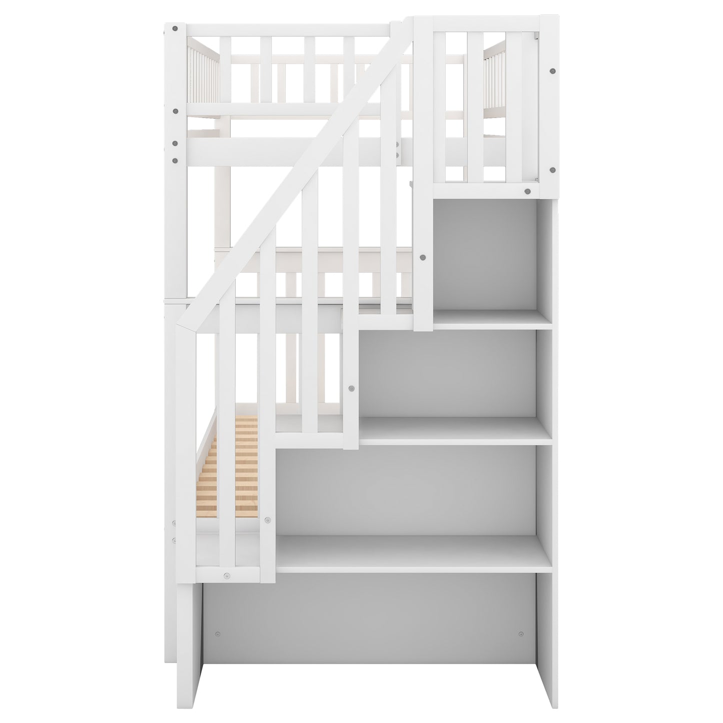 White wooden loft bed with integrated staircase and shelving unit