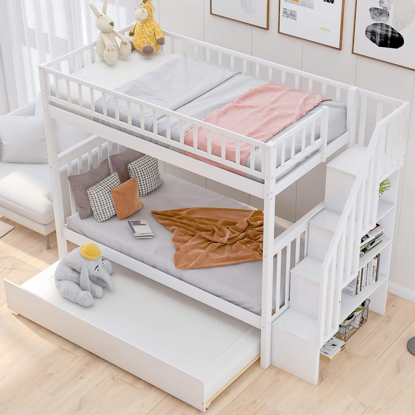 White wooden bunk bed with a pullout trundle perfect for kids rooms
