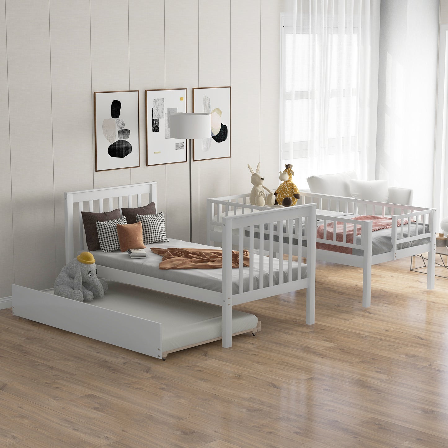 White twin bed with trundle perfect for kids rooms and guest spaces