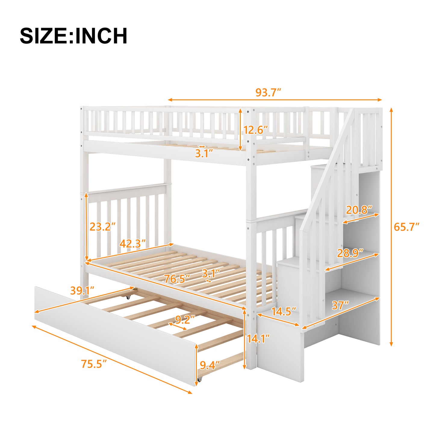 White twin over twin bunk bed with stairs and pullout trundle drawer dimensions labeled