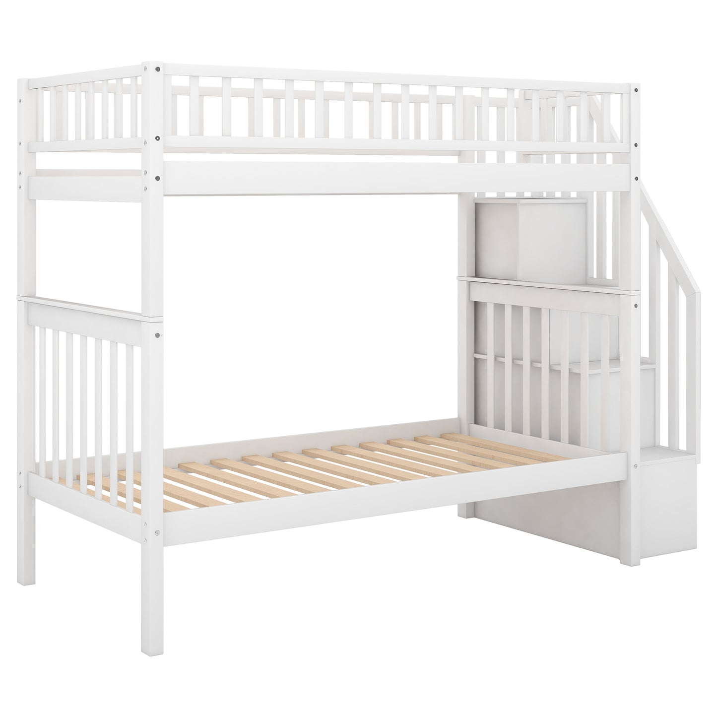 White wooden bunk bed with stairs and storage