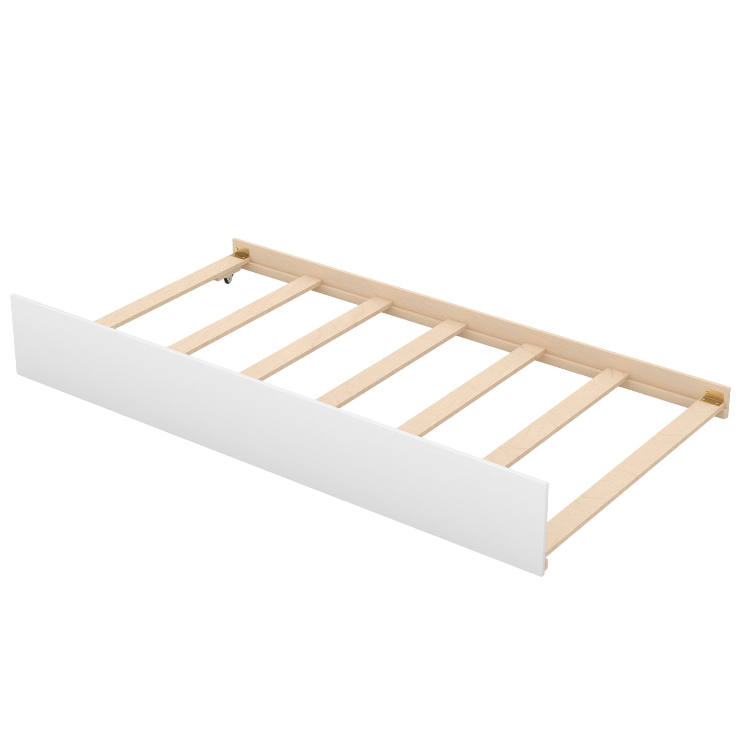 White modern bed rail with wooden slats and metal hardware
