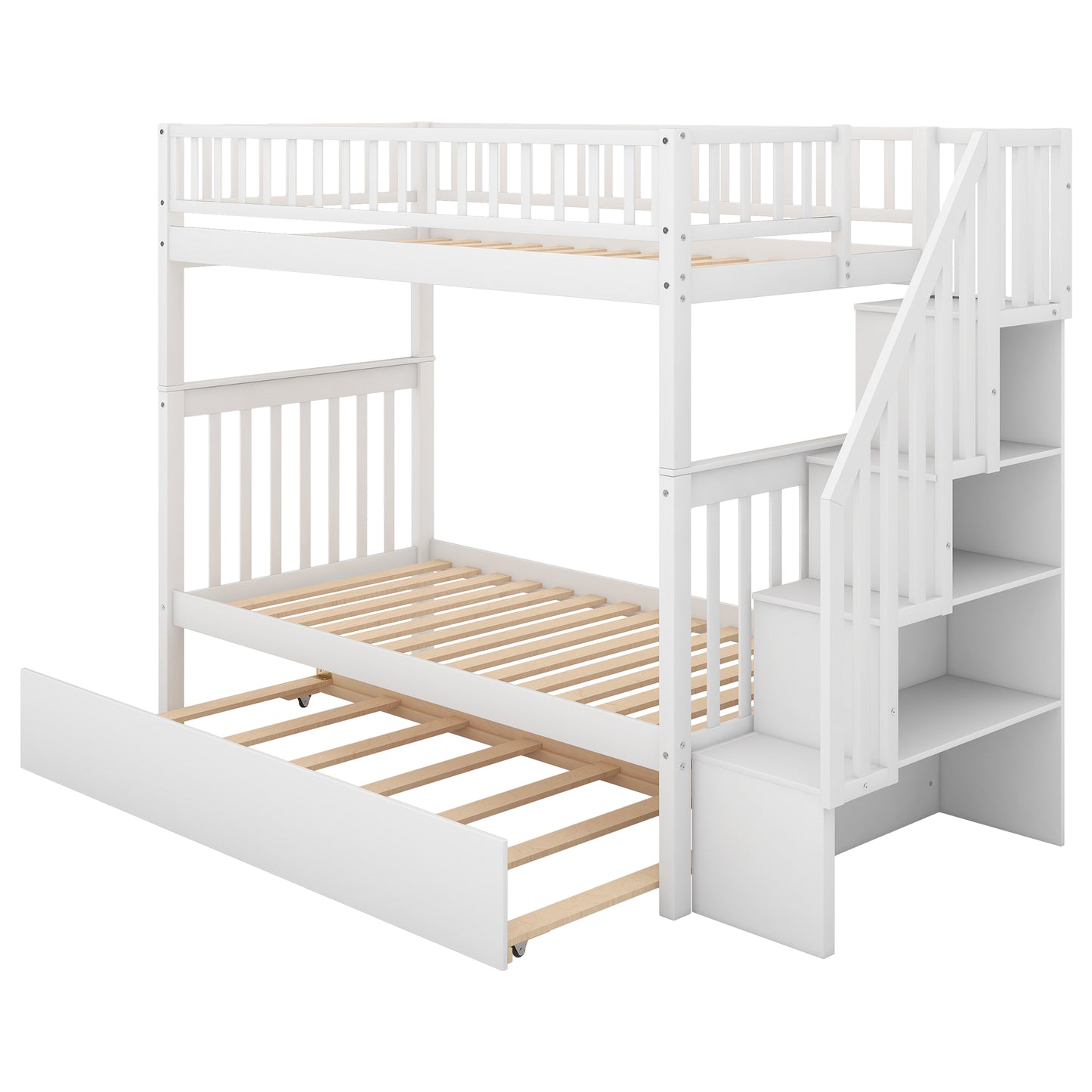 White wooden bunk bed with stairs and pullout trundle