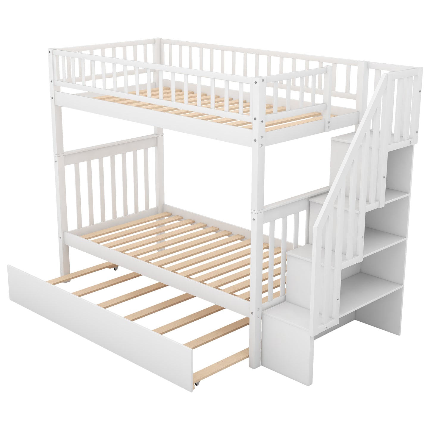 White wooden bunk bed with pullout trundle and integrated stairs