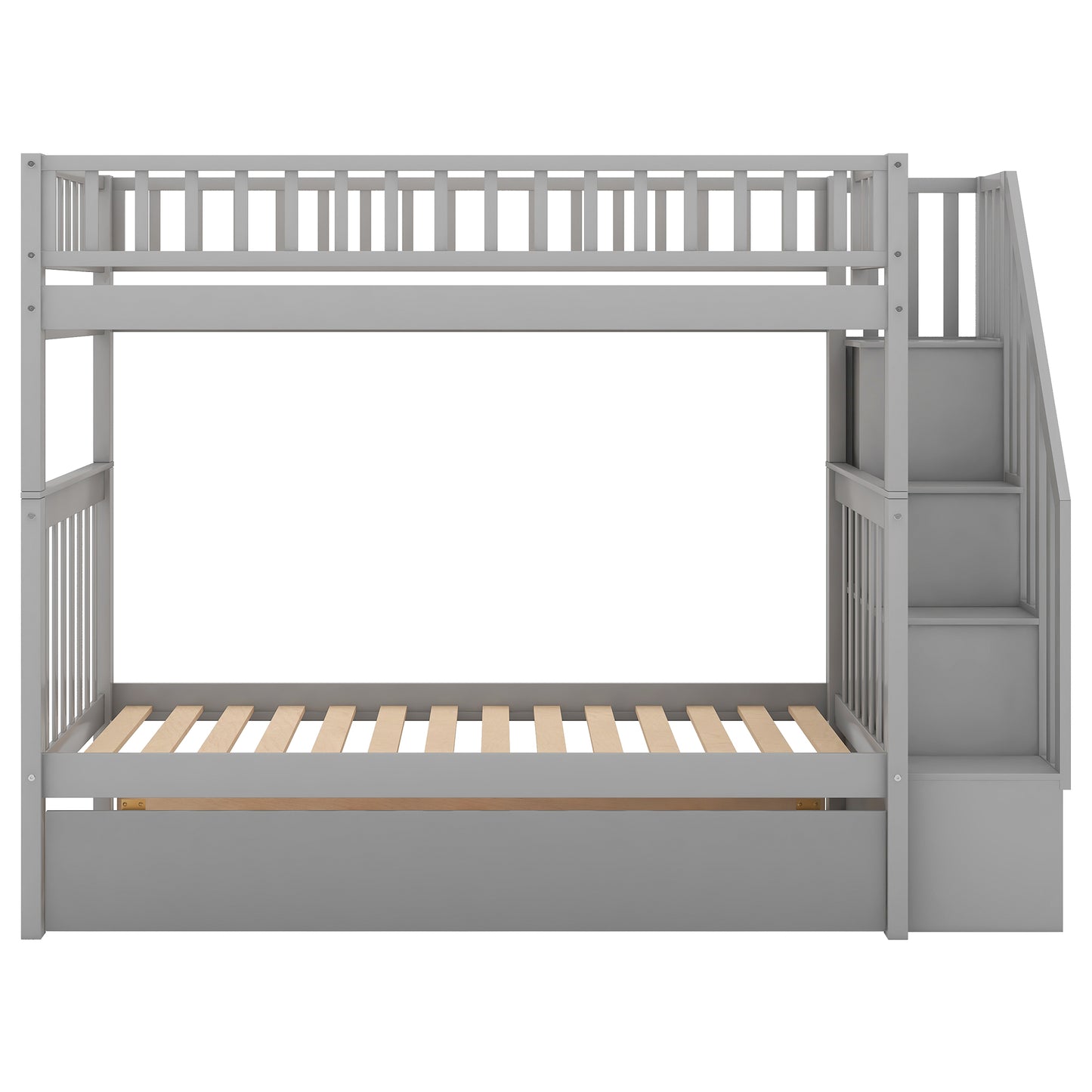 Gray wooden bunk bed with stairs and drawers