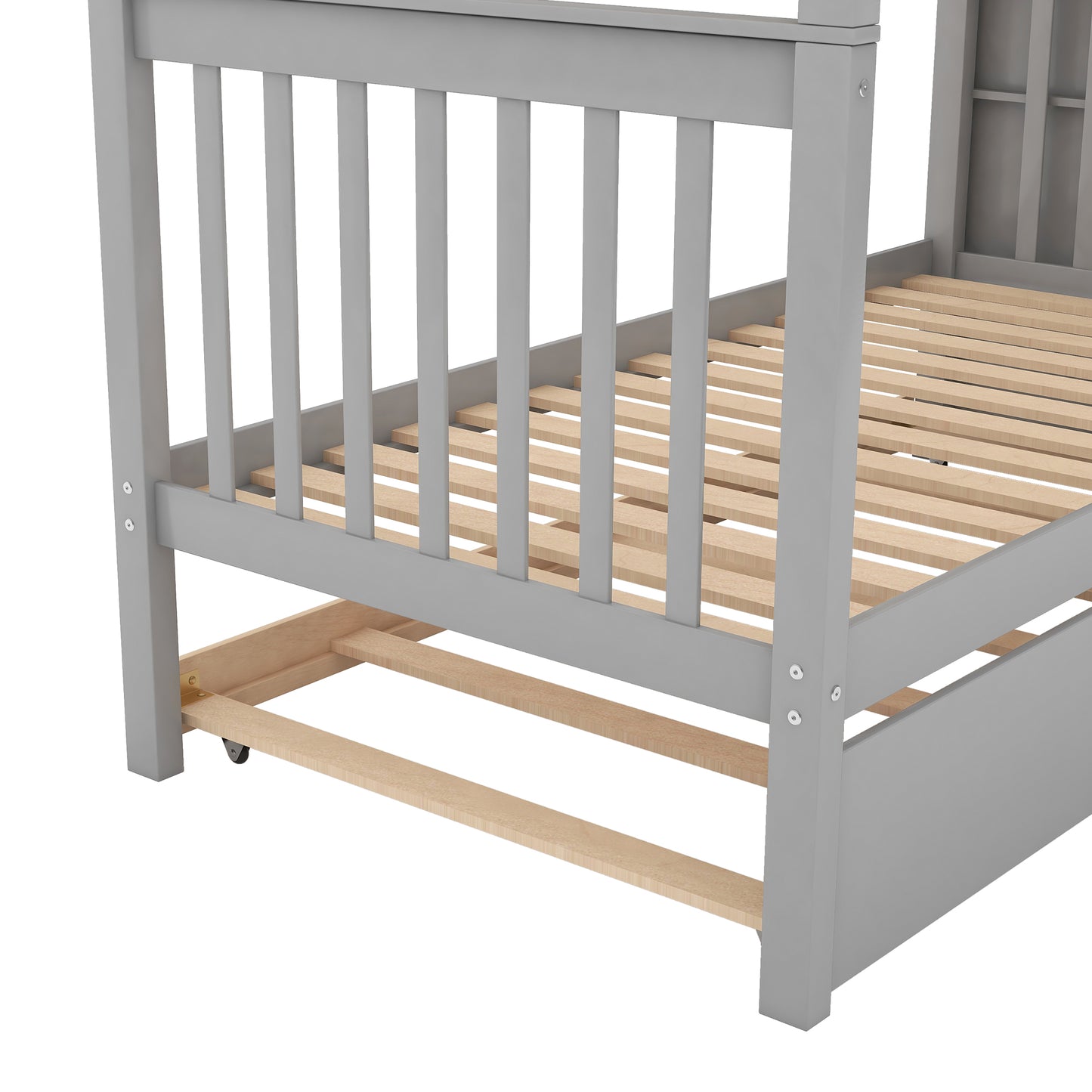Gray wooden toddler bed frame with slats and rolling trundle