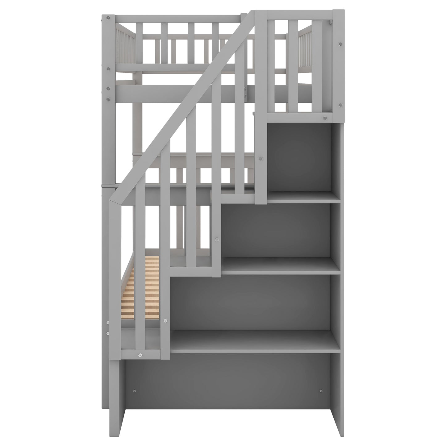 Gray wooden loft bed with integrated shelving and stairs