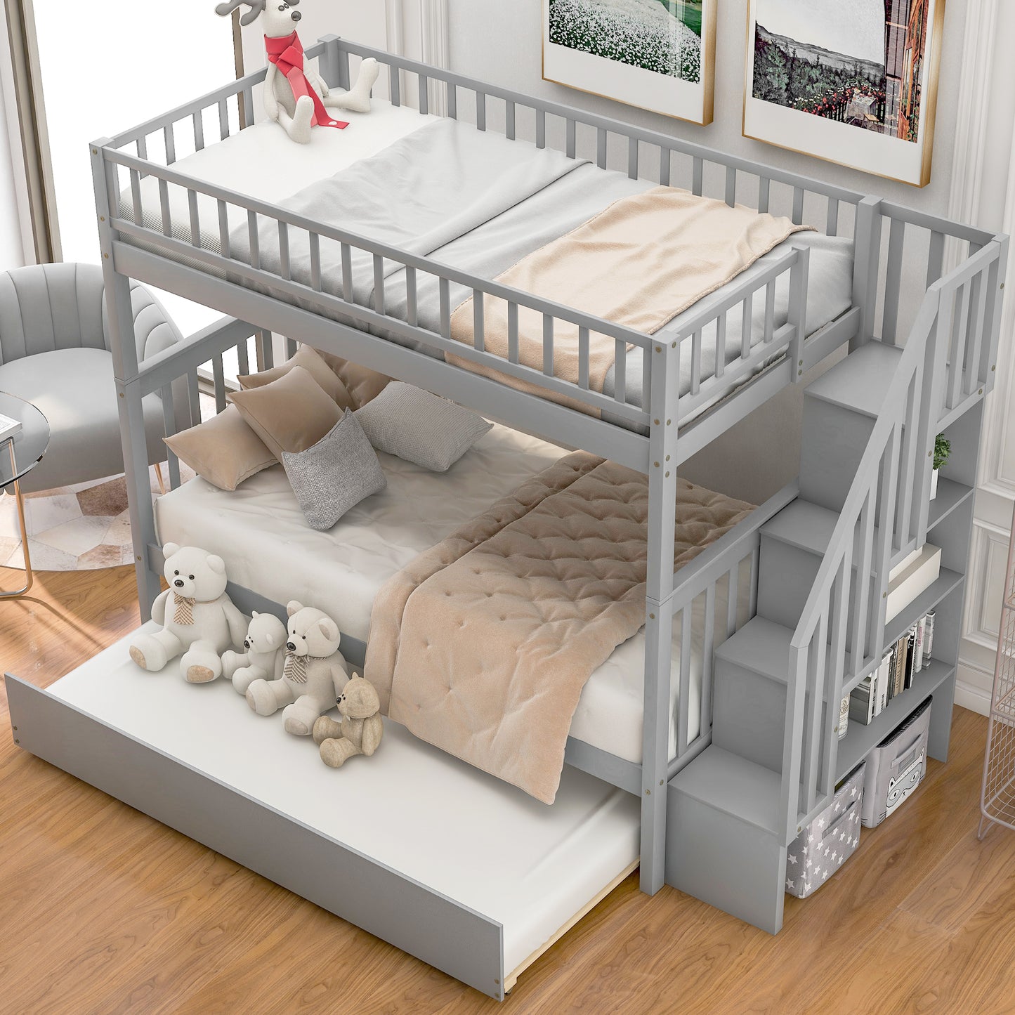 Gray wooden triple bunk bed with stairs and trundle