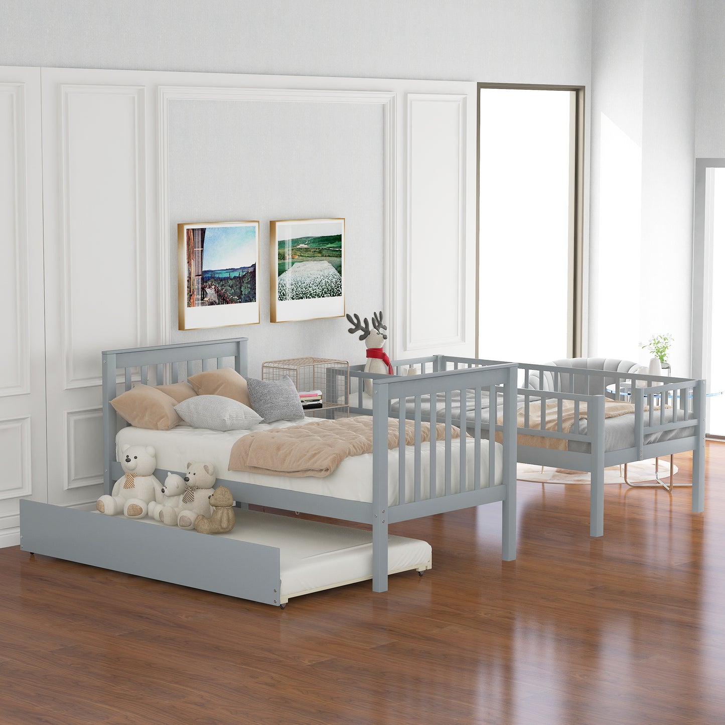 Gray twin over twin bunk bed with trundle