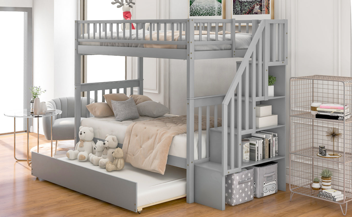 Gray wooden bunk bed with pullout trundle and integrated stairs