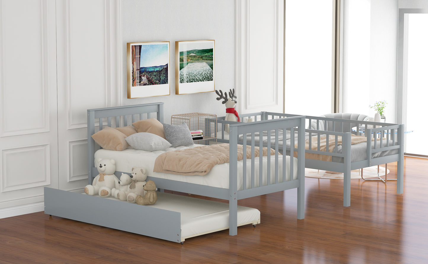 Grey twin size bed with trundle ideal for kids rooms