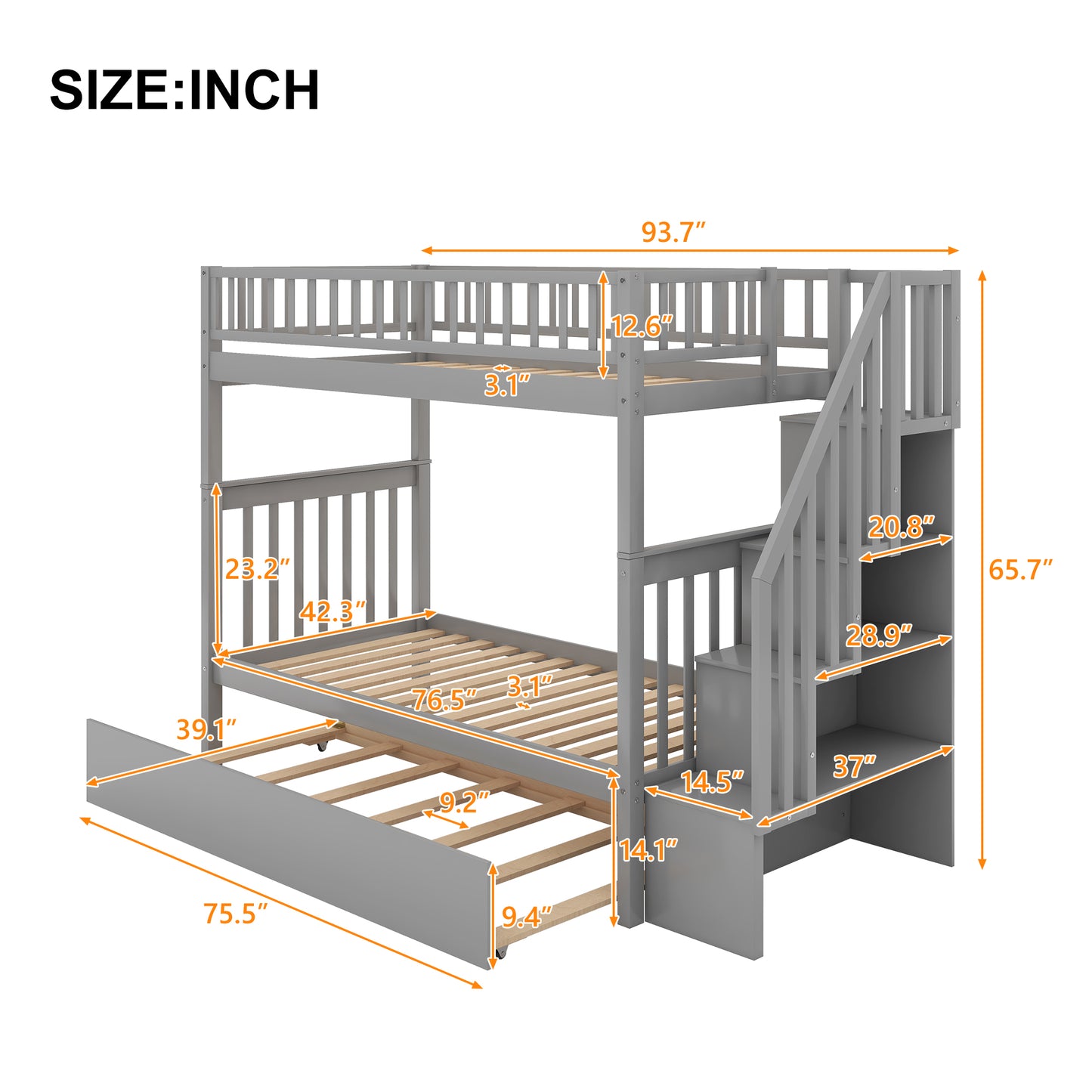 Gray wooden bunk bed with stairs and trundle