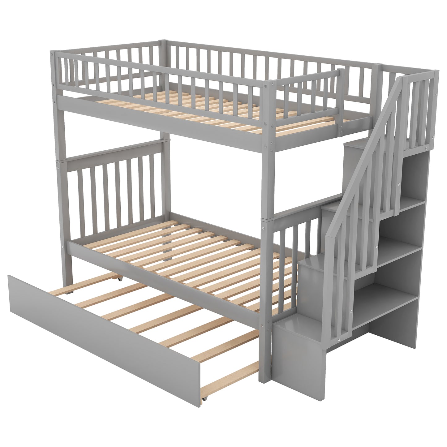 Gray wooden bunk bed with pullout trundle and integrated storage stairs