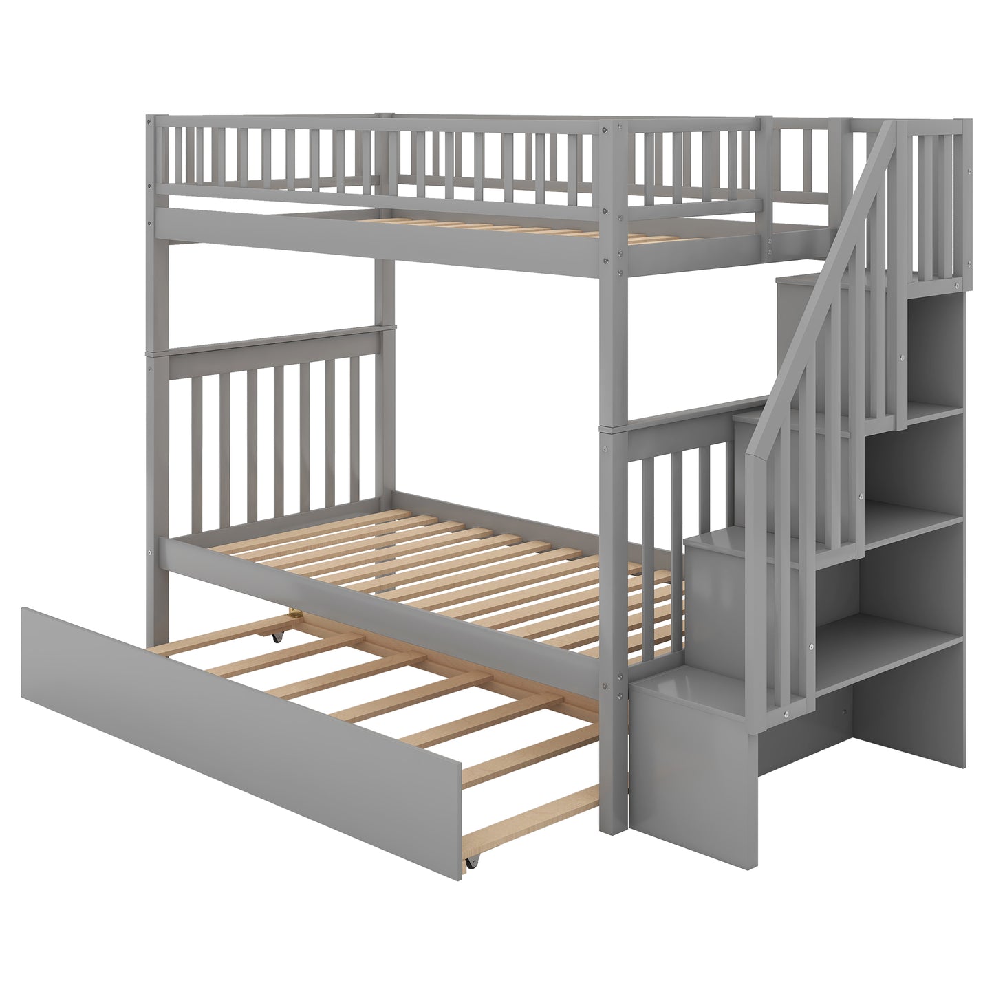 Gray wooden bunk bed with stairs and pullout trundle