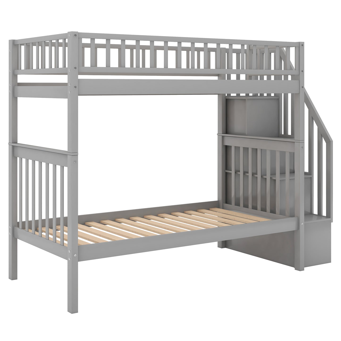 Gray wooden twin over twin bunk bed with stairs