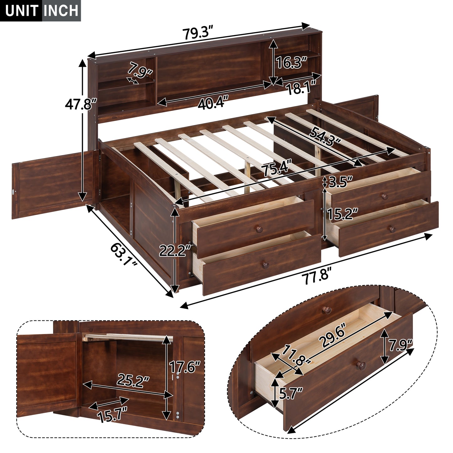 Dark brown wooden storage bed frame with open drawers and headboard shelves