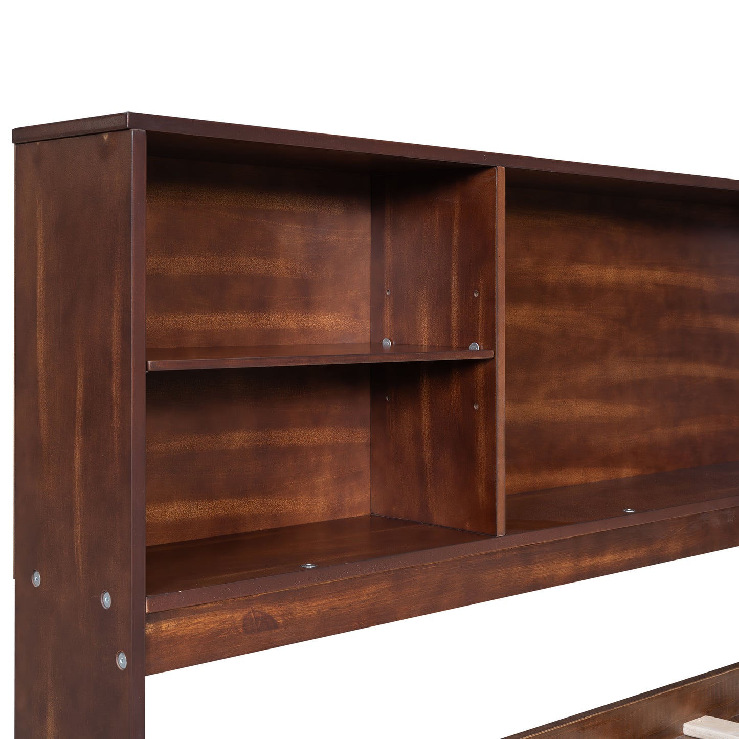Dark brown wooden bookshelf headboard with two open shelves