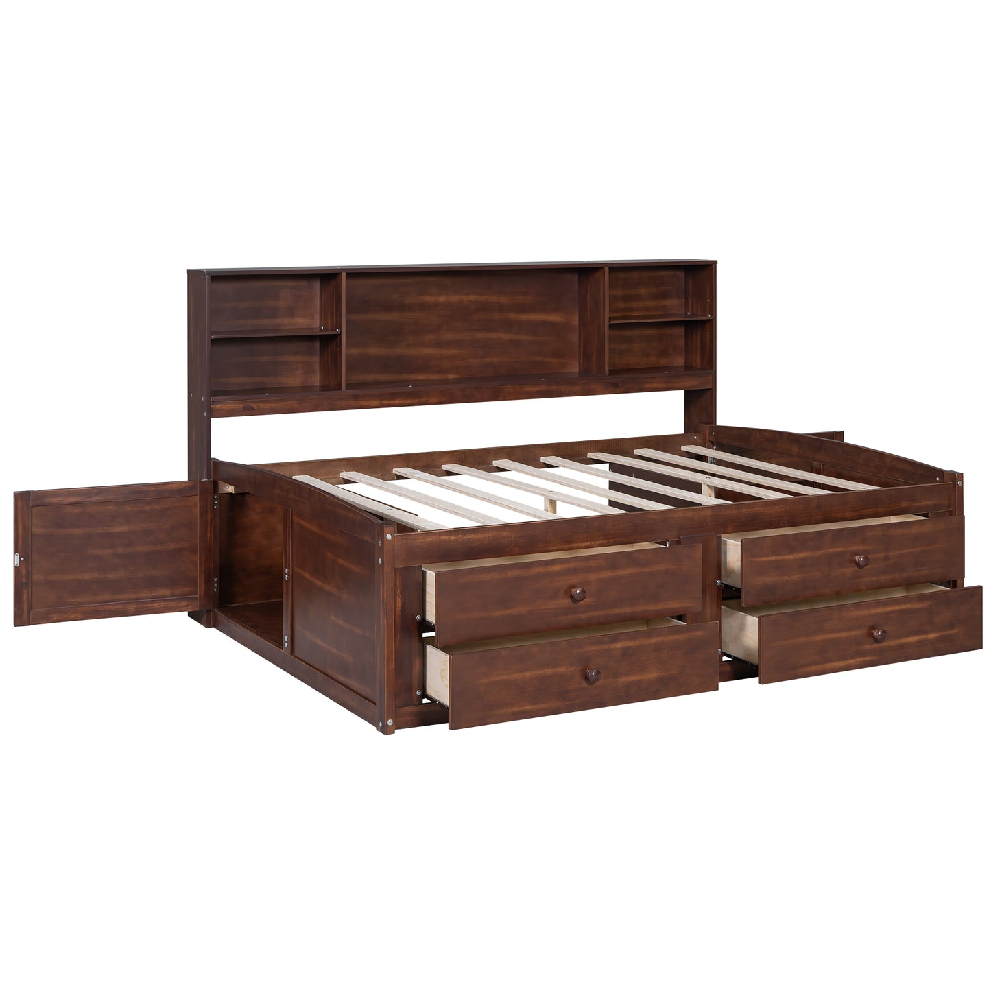 Dark brown storage bed frame with open drawers and headboard shelves