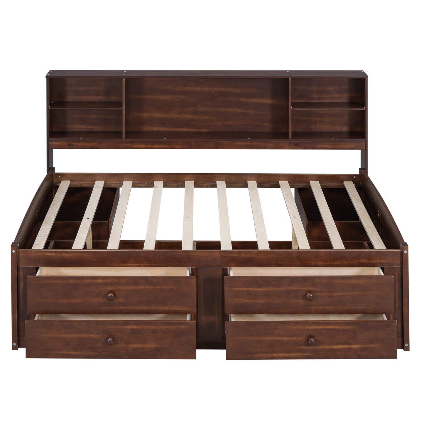 Dark brown wood bed frame with drawers and headboard bookshelf