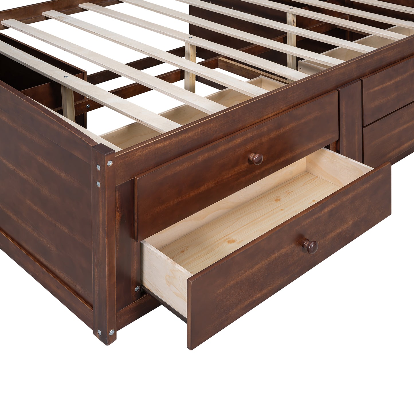 Dark brown wooden platform bed frame with visible drawer storage and slatted base