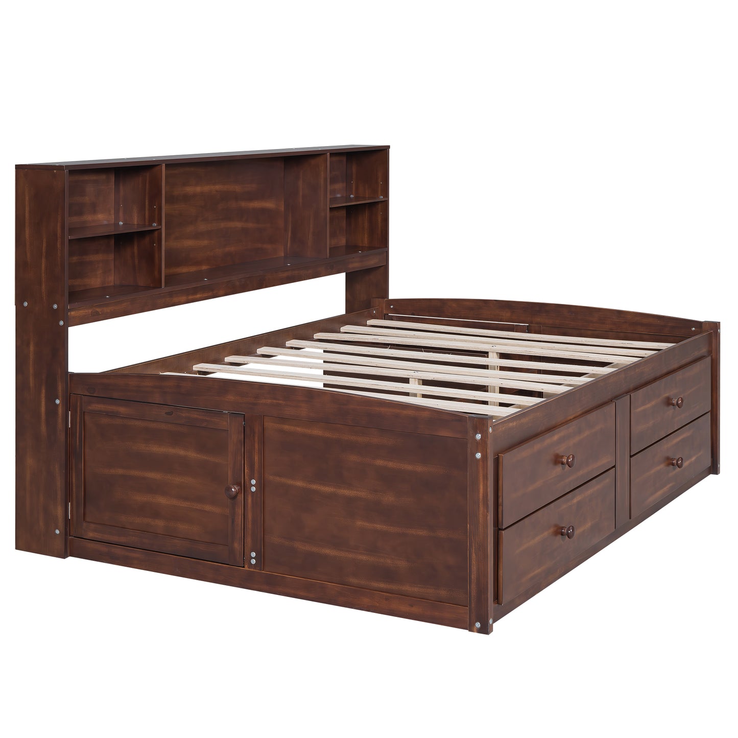 Dark wood storage bed frame with headboard shelves and drawers
