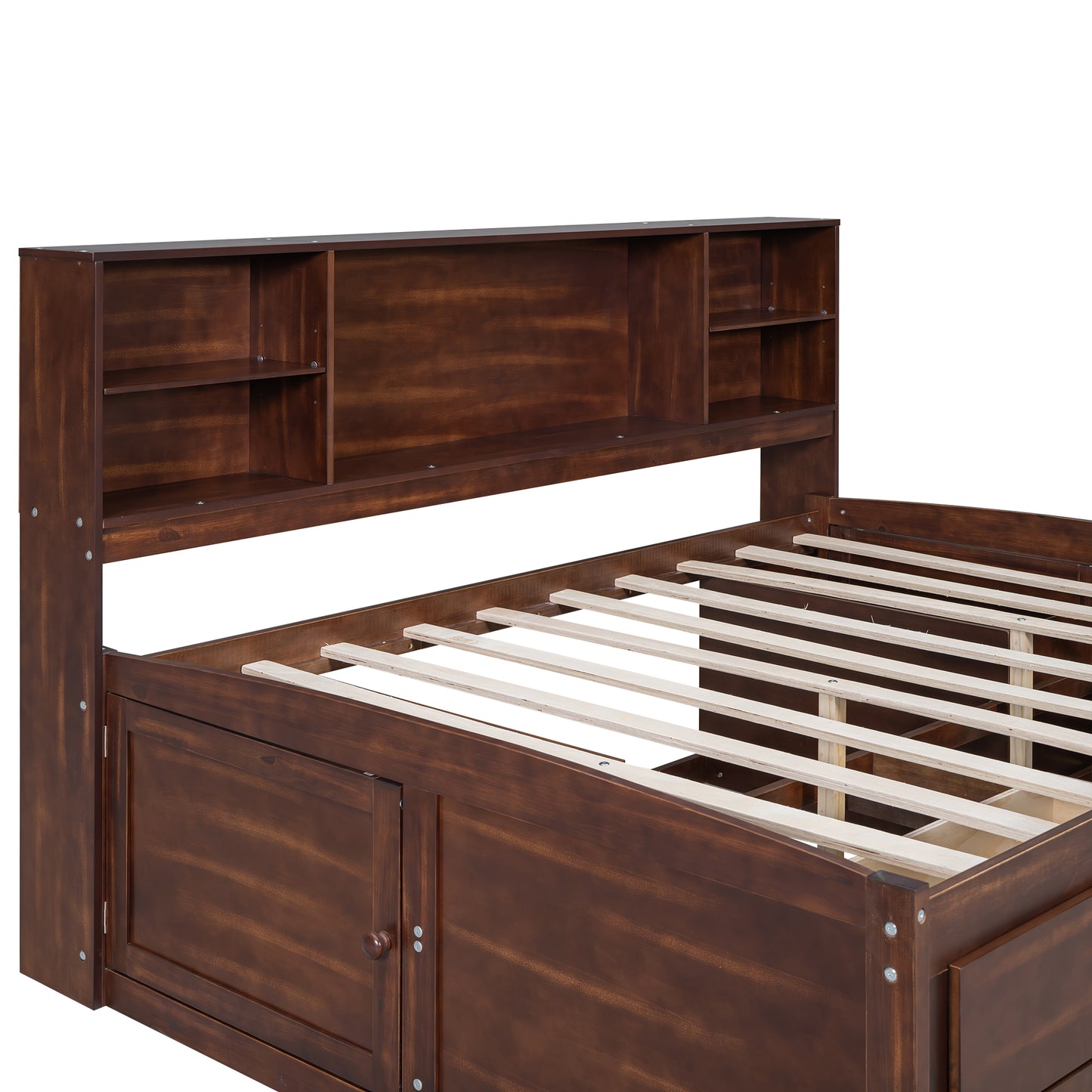 Dark brown wooden storage bed frame with open headboard shelves