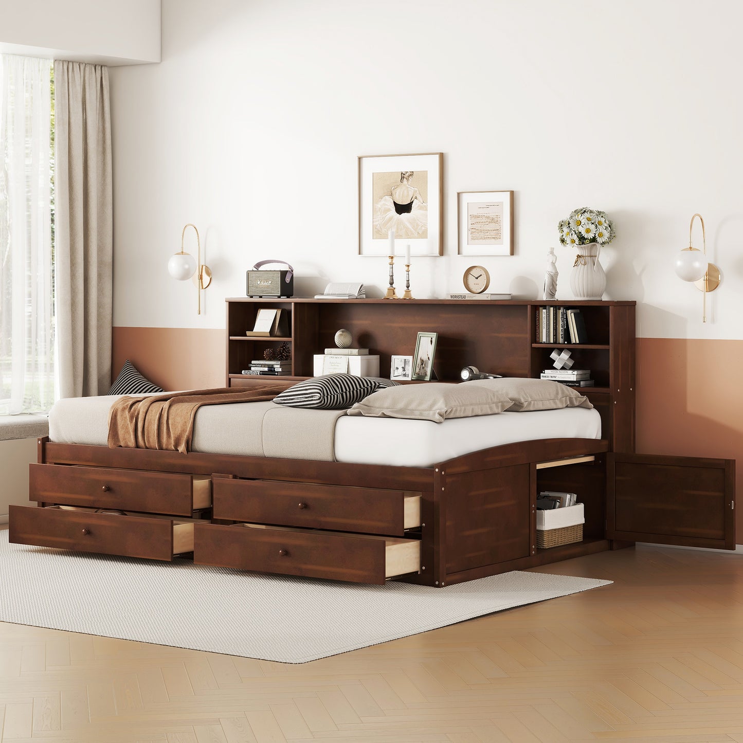 Dark brown wooden daybed with bookcase headboard and multiple storage drawers
