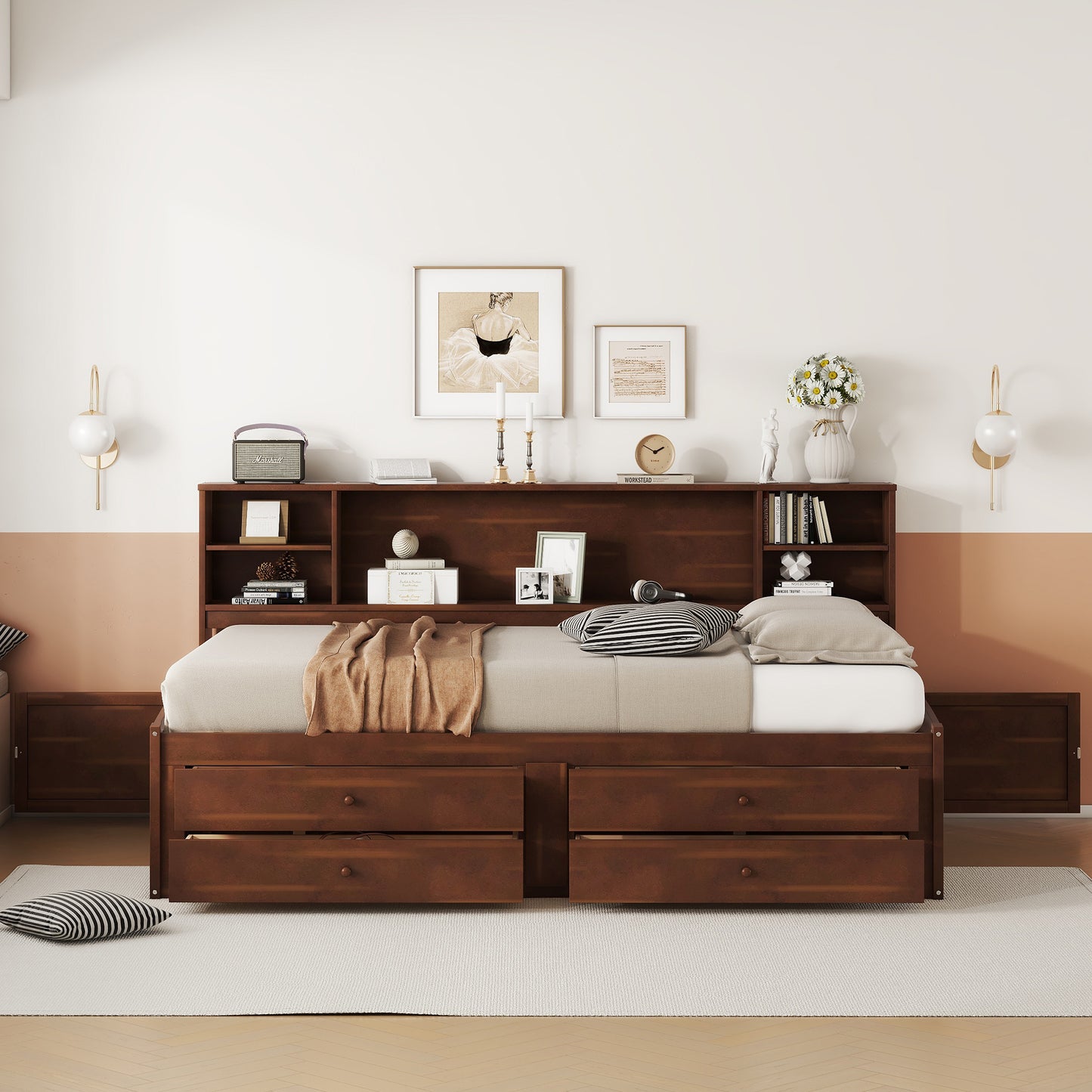 Dark wood daybed with two drawers and builtin bookshelf headboard