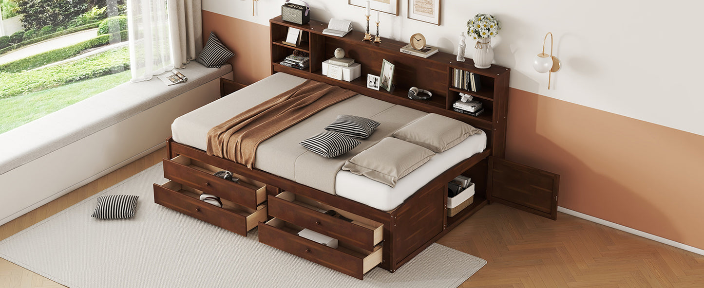 Dark wood storage bed frame with six drawers and a headboard bookshelf