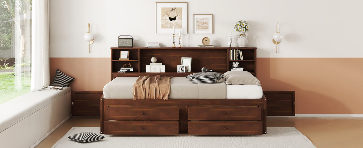 Dark wood twin daybed with builtin headboard shelves and six storage drawers