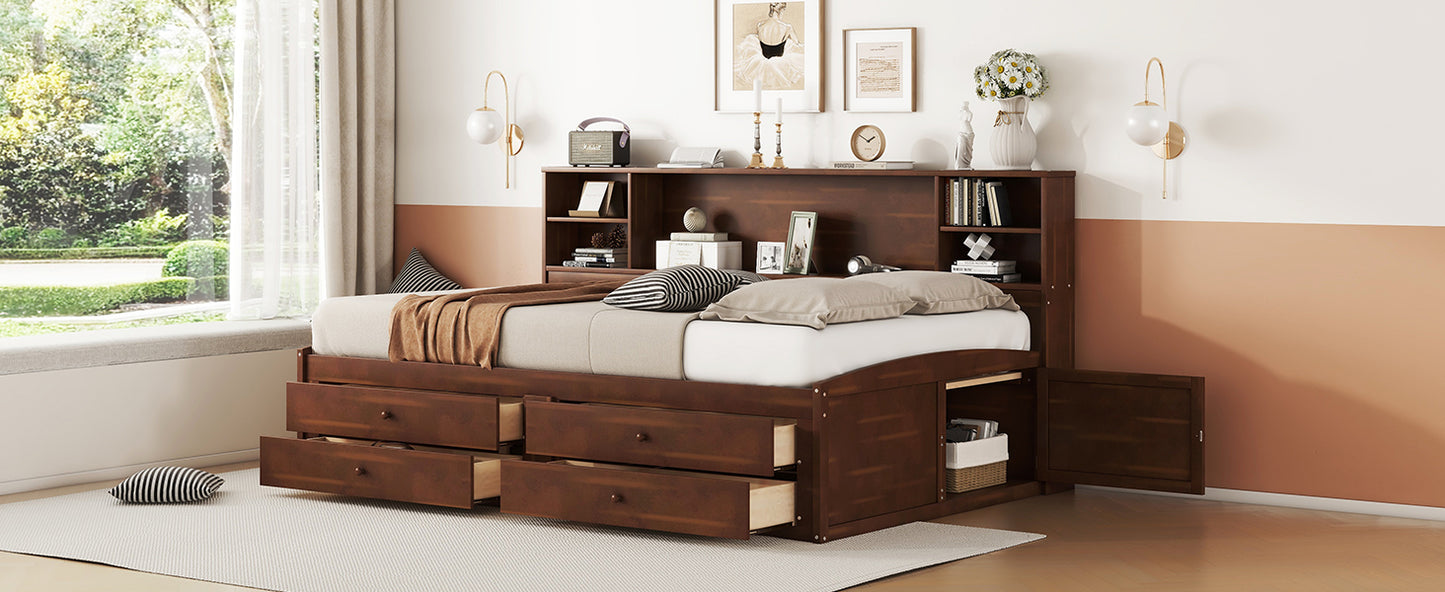 Dark wood daybed with drawers and a bookcase headboard