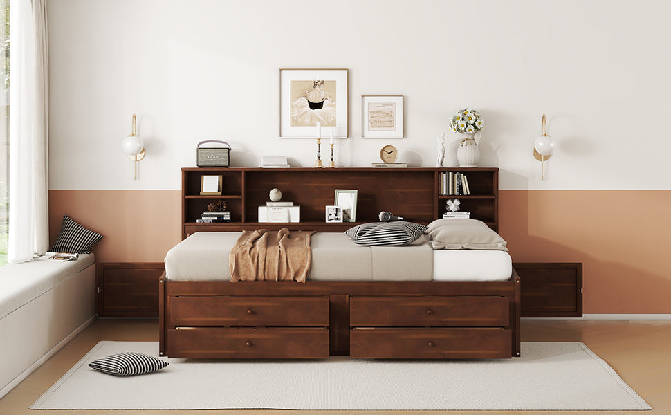 Wooden twin bed with builtin headboard shelving and storage drawers