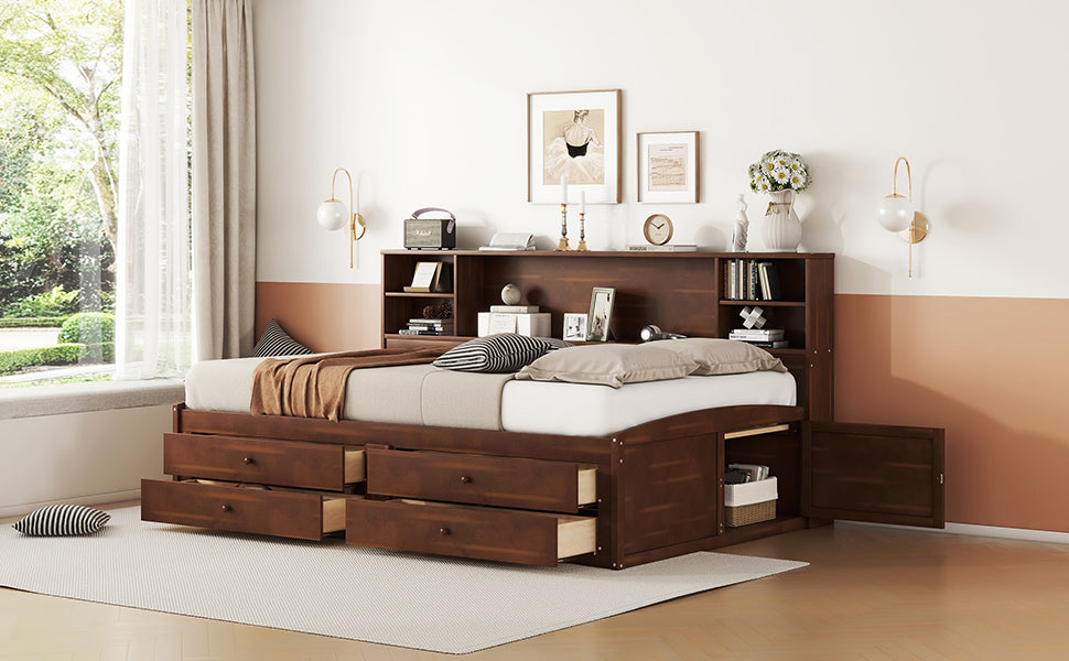 Dark wood twin bed frame with builtin storage drawers and shelves