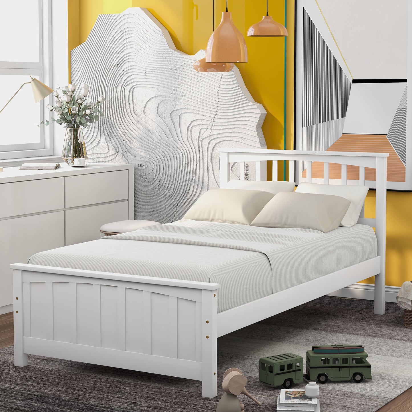 White twin wooden bed frame with slatted headboard and footboard