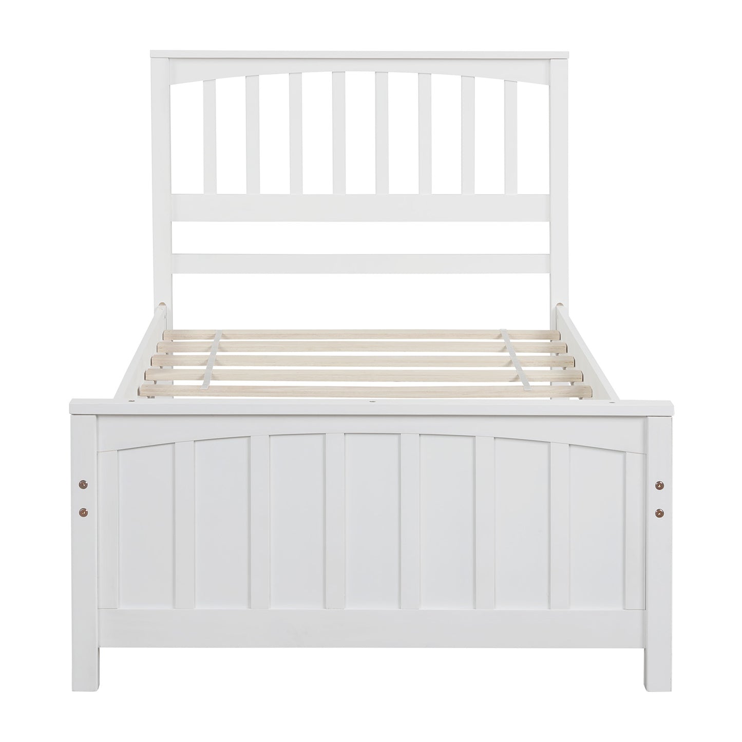 White wooden twin bed frame with slatted headboard and footboard