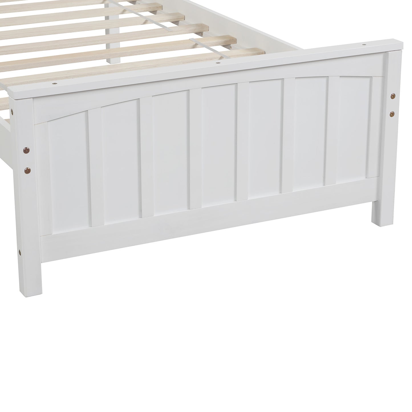 White wooden platform bed frame with paneled headboard and slatted support