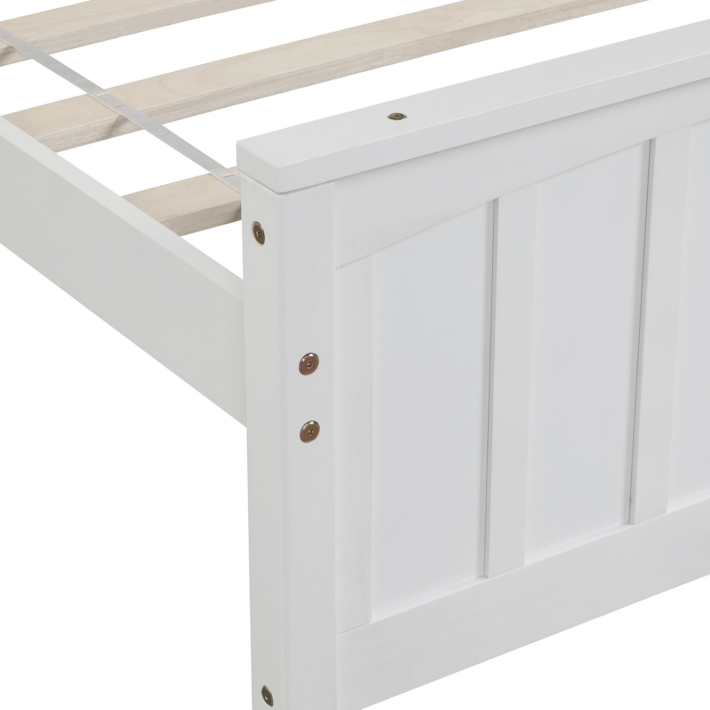 White wooden bed frame with slatted base