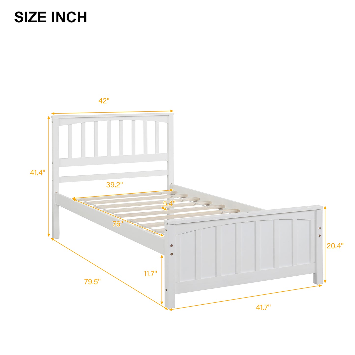 White wooden twin bed frame with slatted support and detailed dimensions