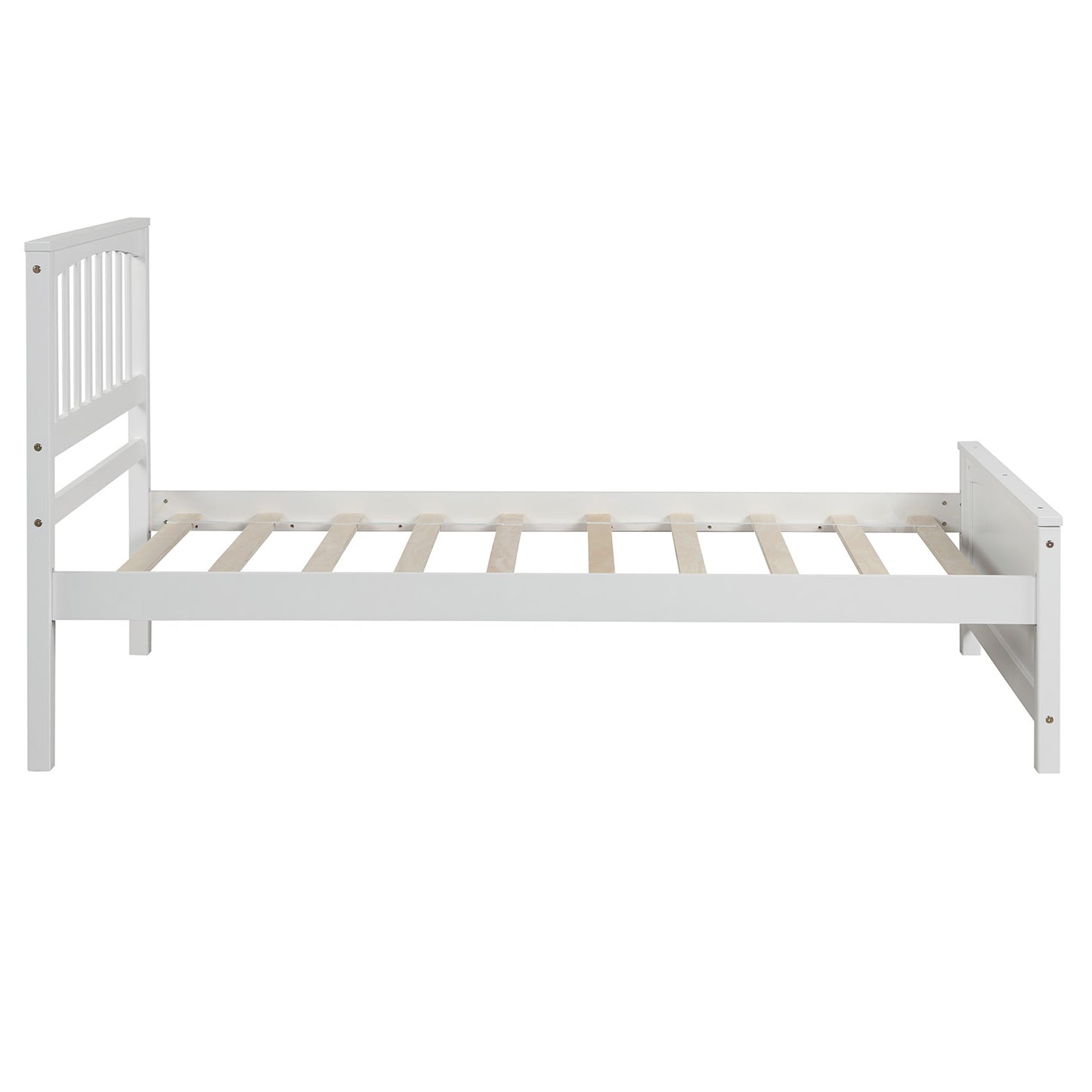 White wooden twin bed frame with slatted base and spindle headboard
