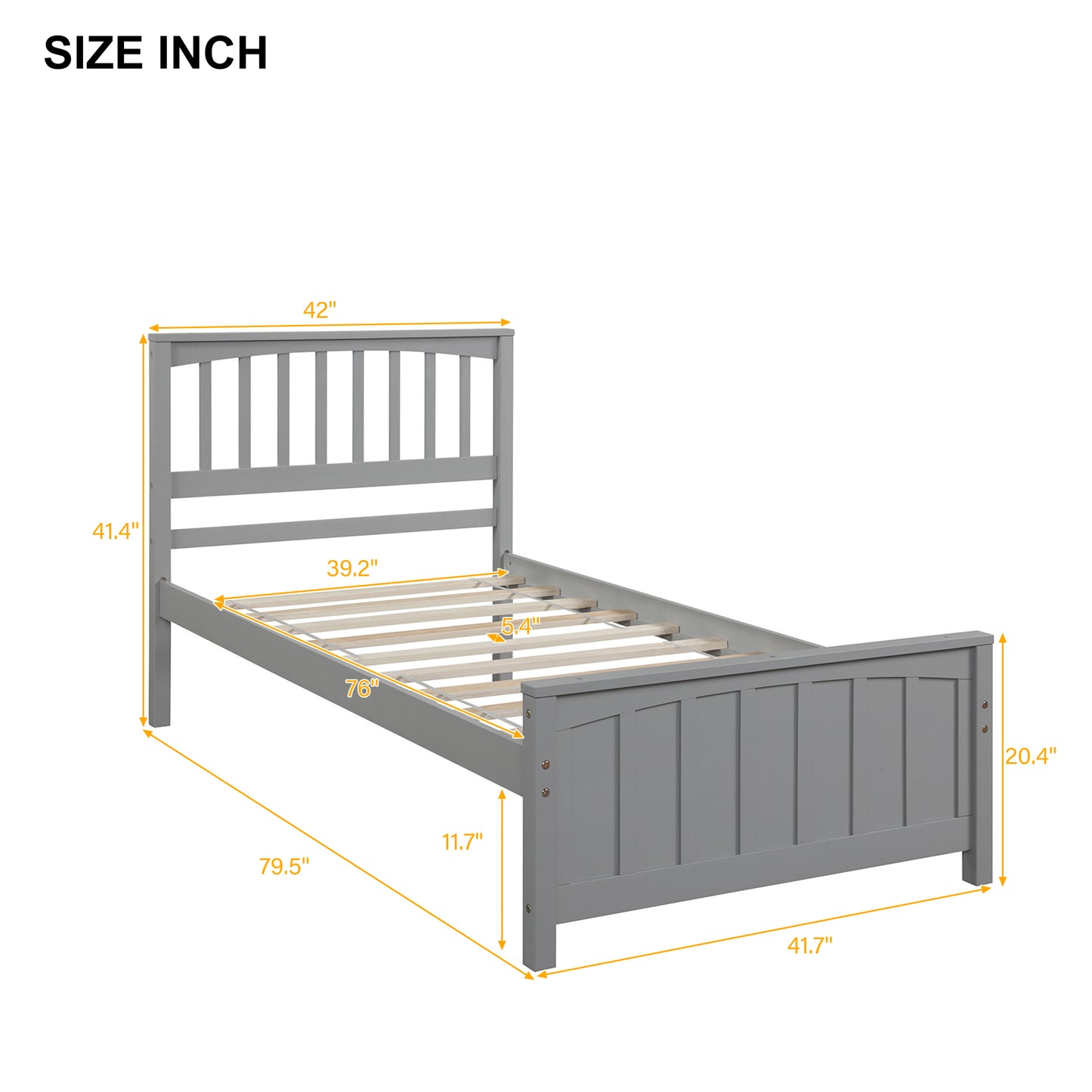Gray twin bed frame with arched headboard and footboard featuring vertical slats and wood slats
