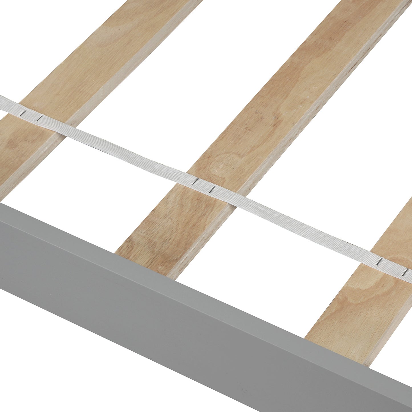 Closeup of grey bed frame with natural wood slats and white support strap