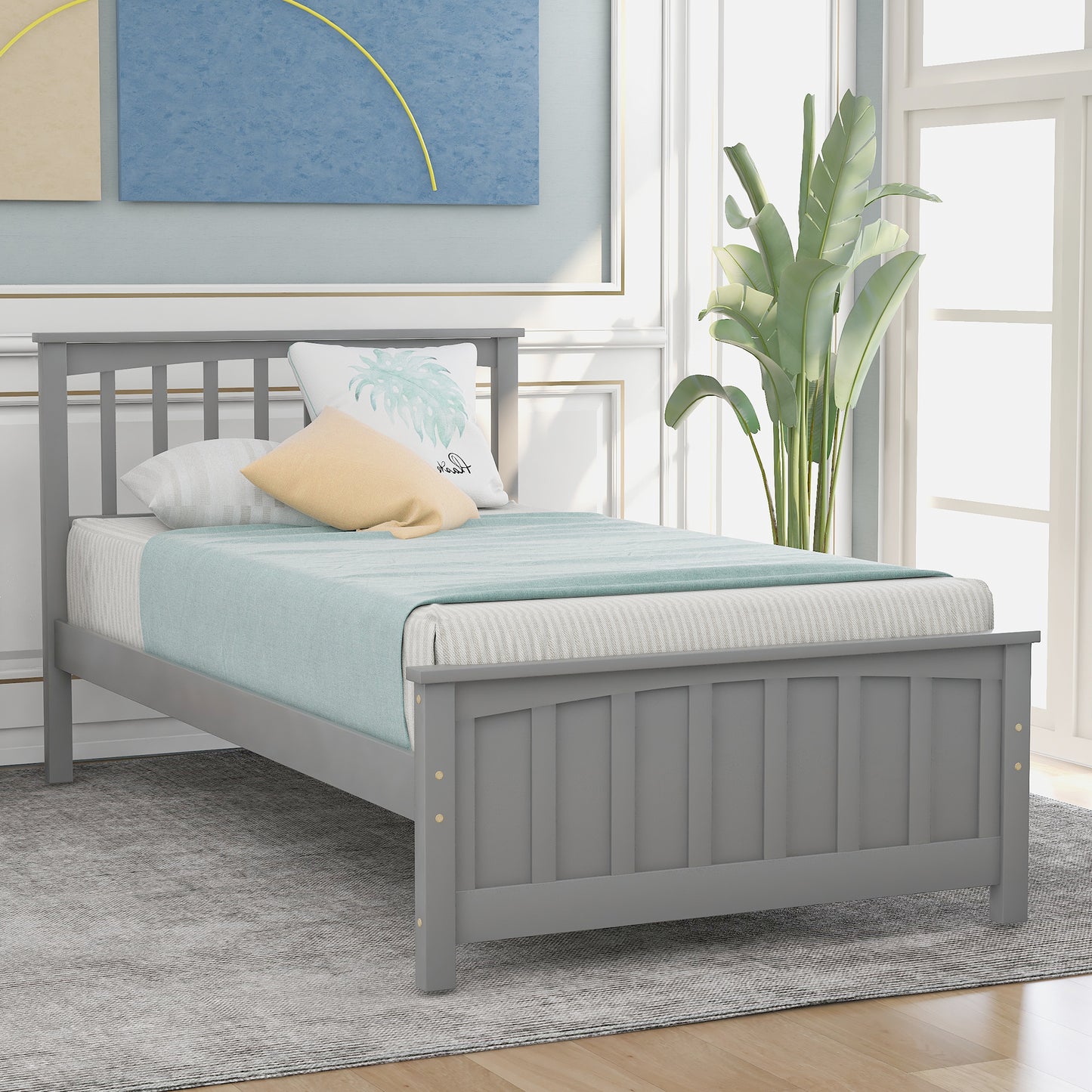 Grey wooden twin bed with slatted headboard and footboard