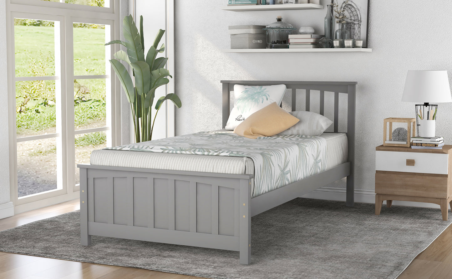 Gray wooden twin bed with slatted headboard and footboard
