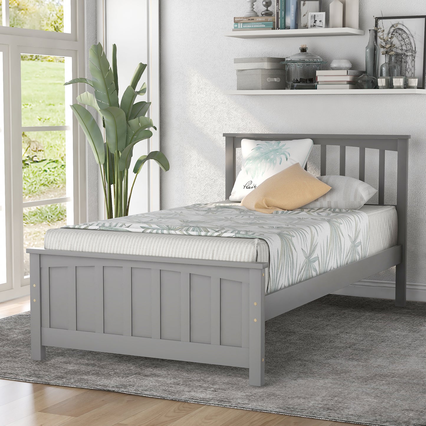 Gray wooden twin bed frame with slatted headboard and footboard for kids