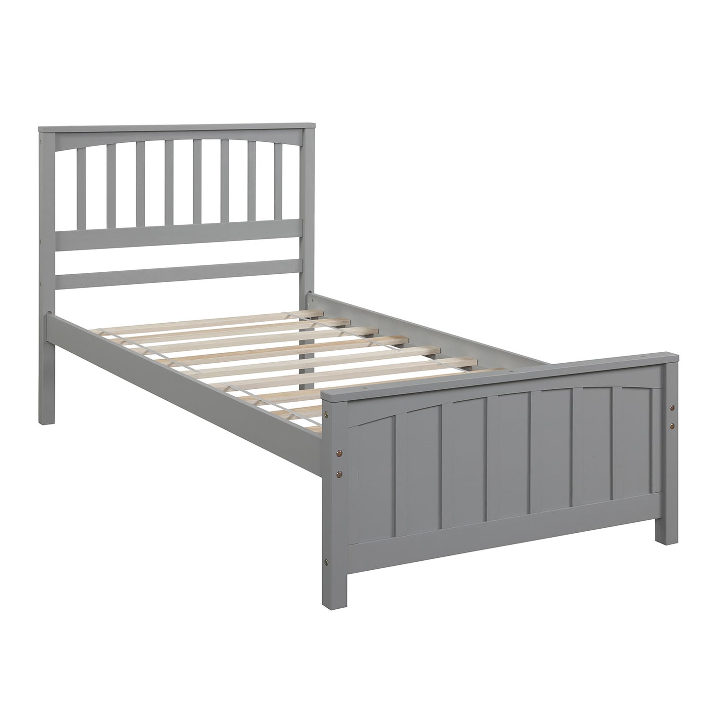 Gray wooden twin bed frame with slatted headboard and footboard