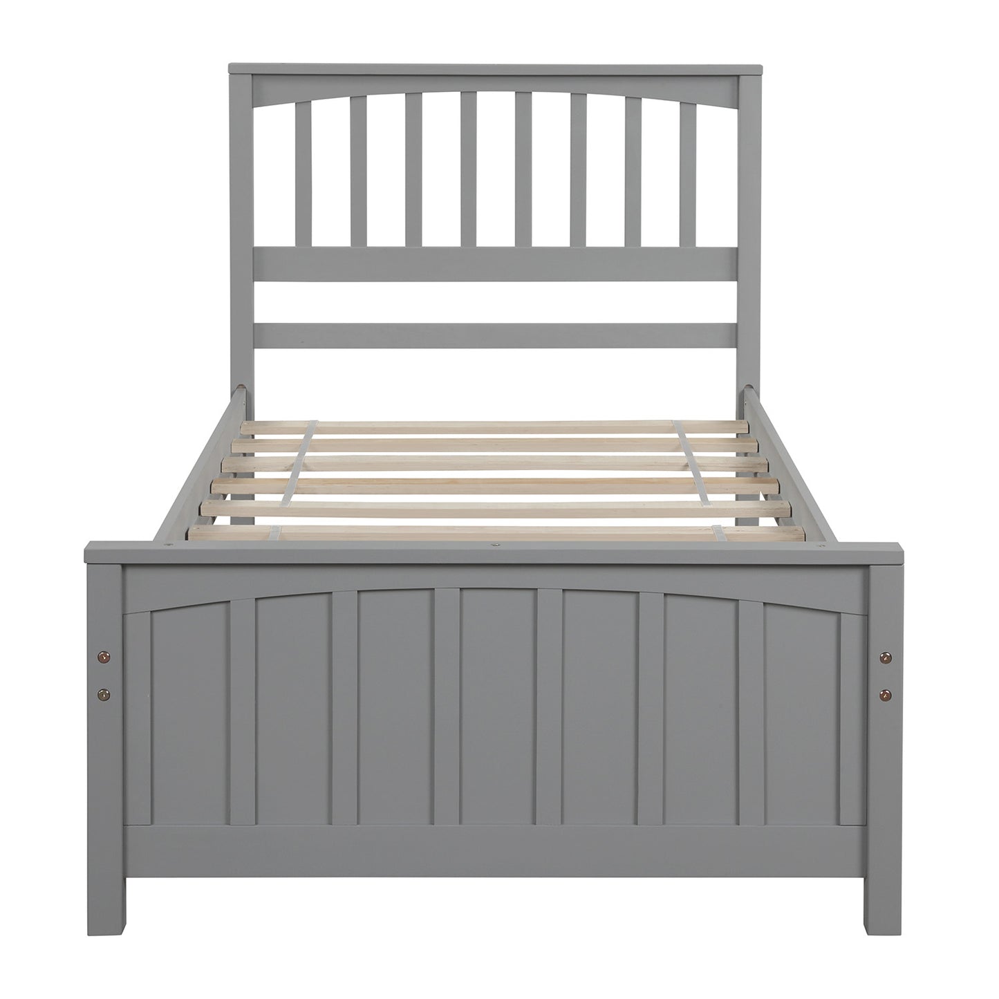 Gray wooden twin bed frame with slatted headboard and footboard